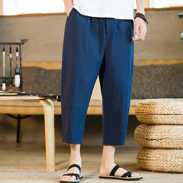 Pantalon sarouel simple en coton et lin avec cordon de serrage et poches pour homme, motif Buddha Stones - image 30