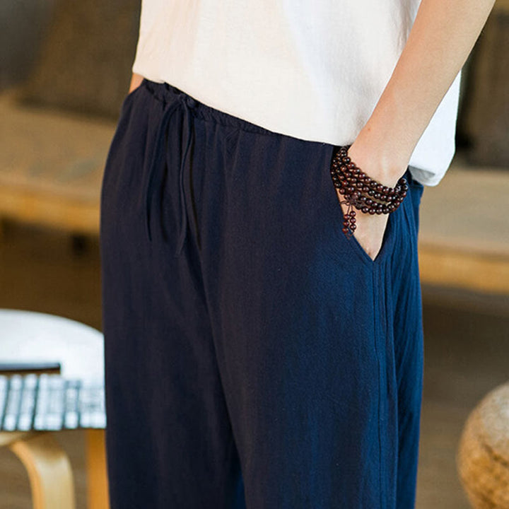 Pantalon sarouel simple en coton et lin avec cordon de serrage et poches pour homme, motif Buddha Stones - image 36