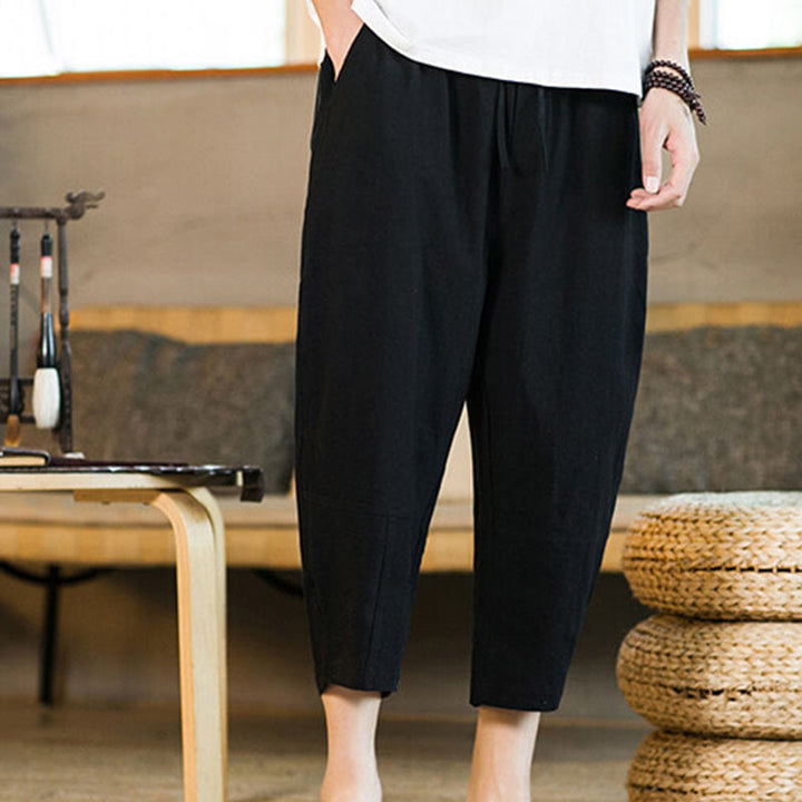 Pantalon sarouel simple en coton et lin avec cordon de serrage et poches pour homme, motif Buddha Stones - image 13