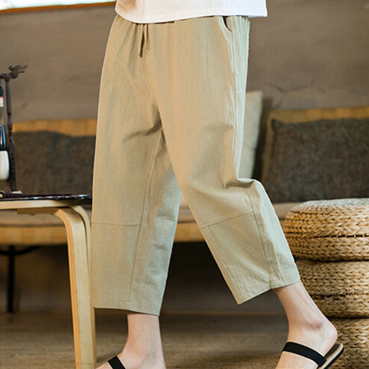 Pantalon sarouel simple en coton et lin avec cordon de serrage et poches pour homme, motif Buddha Stones - image 6