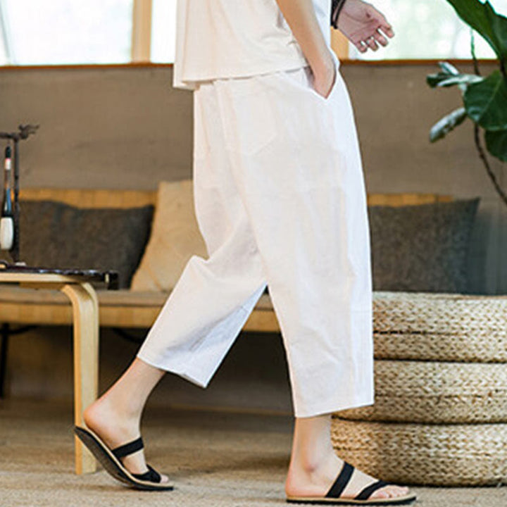 Pantalon sarouel simple en coton et lin avec cordon de serrage et poches pour homme, motif Buddha Stones - image 24