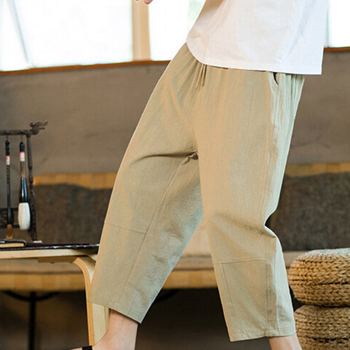 Pantalon sarouel simple en coton et lin avec cordon de serrage et poches pour homme, motif Buddha Stones - image 7