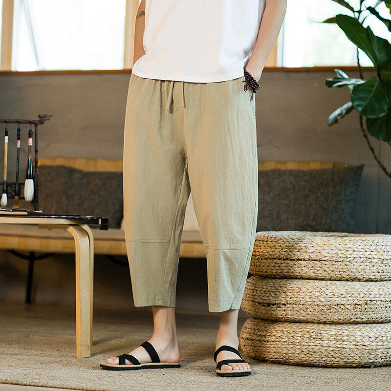 Pantalon sarouel simple en coton et lin avec cordon de serrage et poches pour homme, motif Buddha Stones - image 2