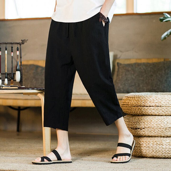 Pantalon sarouel simple en coton et lin avec cordon de serrage et poches pour homme, motif Buddha Stones - image 15