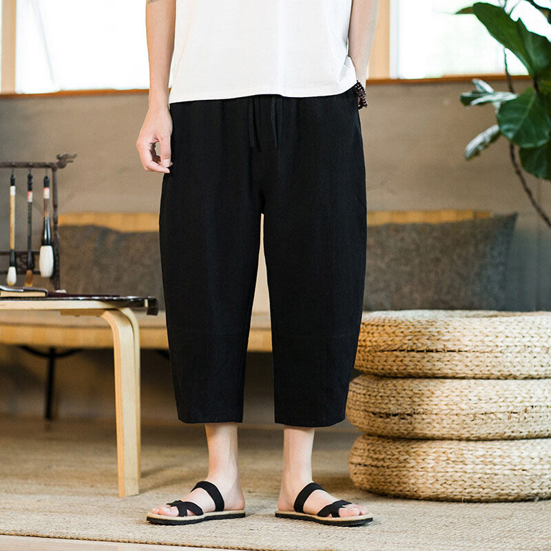 Pantalon sarouel simple en coton et lin avec cordon de serrage et poches pour homme, motif Buddha Stones - Noir - US/UK/AU46，EU56 (5XL) - image 9
