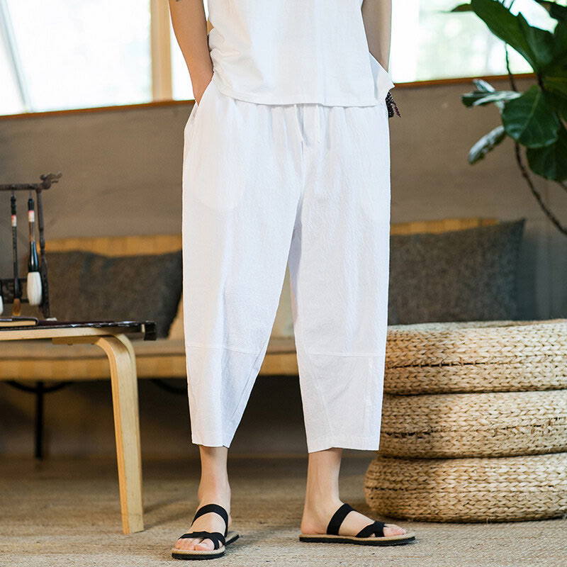 Pantalon sarouel simple en coton et lin avec cordon de serrage et poches pour homme, motif Buddha Stones - image 20