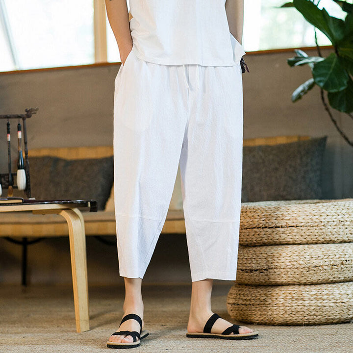 Pantalon sarouel simple en coton et lin avec cordon de serrage et poches pour homme, motif Buddha Stones - image 20