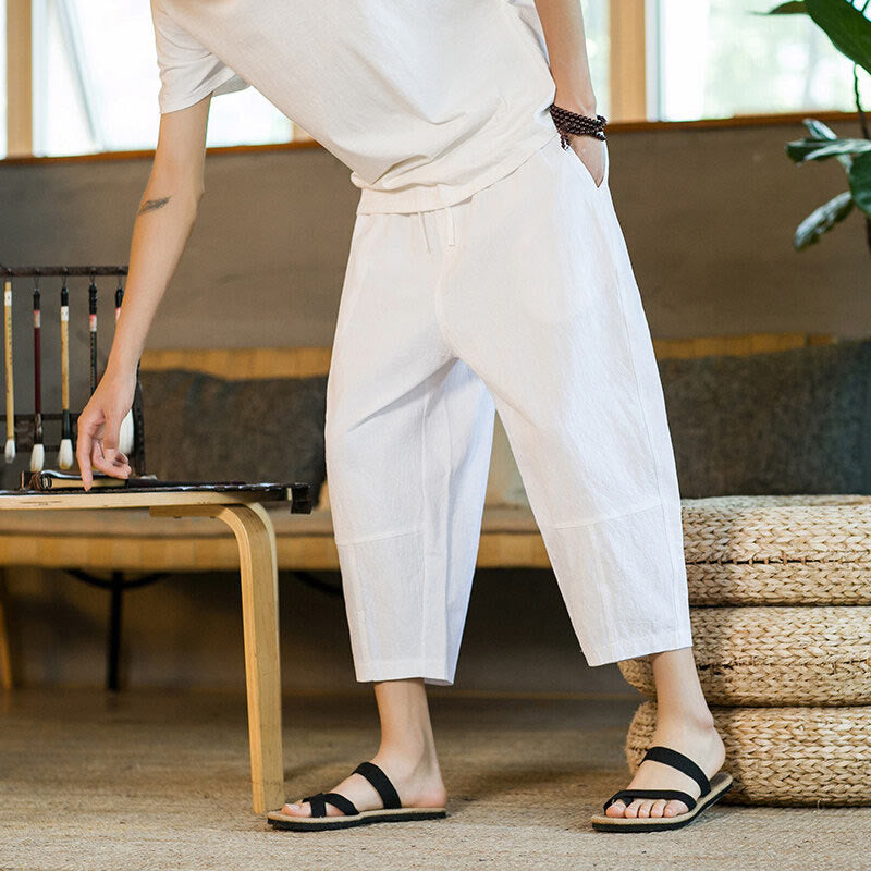 Pantalon sarouel simple en coton et lin avec cordon de serrage et poches pour homme, motif Buddha Stones - image 26