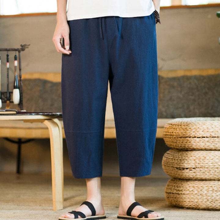 Pantalon sarouel simple en coton et lin avec cordon de serrage et poches pour homme, motif Buddha Stones - Marine - US/UK/AU46，EU56 (5XL) - image 29