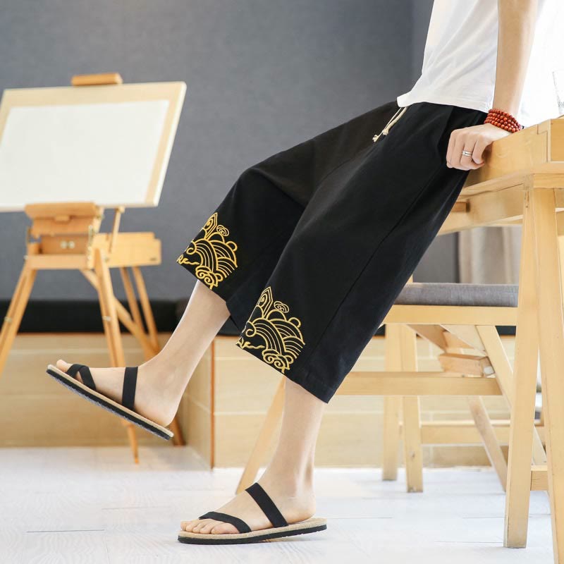 Pantalon sarouel décontracté en coton et lin avec cordon de serrage et broderie Buddha Stones pour homme, longueur 7-8, avec poches - image 7