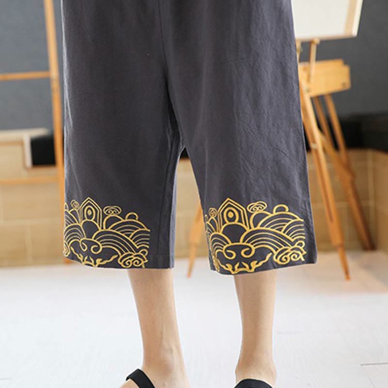 Pantalon sarouel décontracté en coton et lin avec cordon de serrage et broderie Buddha Stones pour homme, longueur 7-8, avec poches - image 17