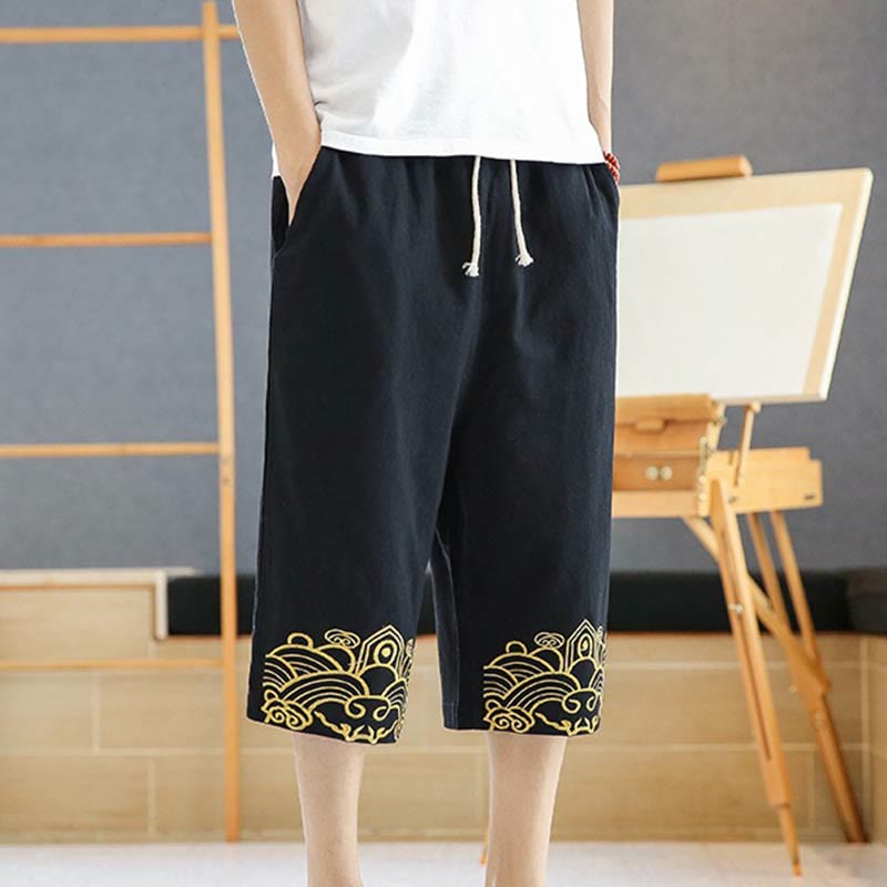 Pantalon sarouel décontracté en coton et lin avec cordon de serrage et broderie Buddha Stones pour homme, longueur 7-8, avec poches - image 14