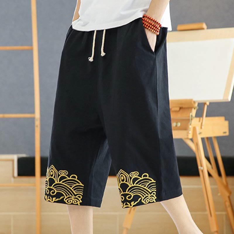 Pantalon sarouel décontracté en coton et lin avec cordon de serrage et broderie Buddha Stones pour homme, longueur 7-8, avec poches - Noir - US/UK/AU46，EU56 (5XL) - image 0