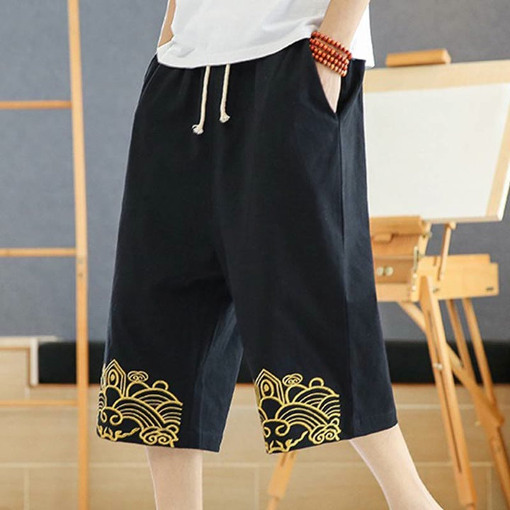 Pantalon sarouel décontracté en coton et lin avec cordon de serrage et broderie Buddha Stones pour homme, longueur 7-8, avec poches - Noir - US/UK/AU46，EU56 (5XL) - image 0