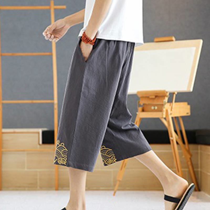 Pantalon sarouel décontracté en coton et lin avec cordon de serrage et broderie Buddha Stones pour homme, longueur 7-8, avec poches - image 21