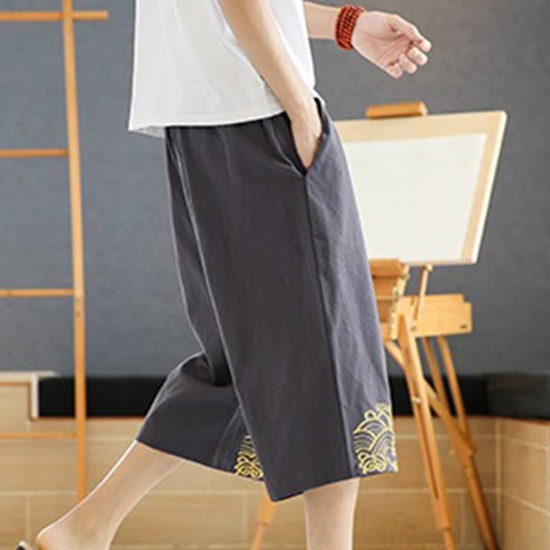 Pantalon sarouel décontracté en coton et lin avec cordon de serrage et broderie Buddha Stones pour homme, longueur 7-8, avec poches - image 10
