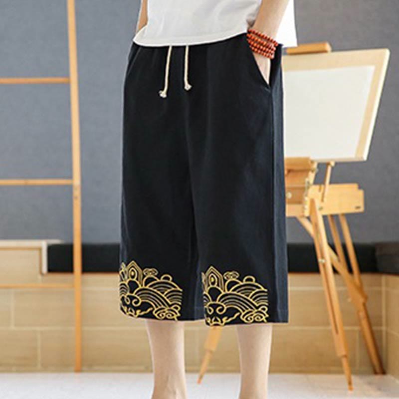 Pantalon sarouel décontracté en coton et lin avec cordon de serrage et broderie Buddha Stones pour homme, longueur 7-8, avec poches - image 3