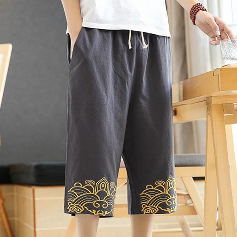 Pantalon sarouel décontracté en coton et lin avec cordon de serrage et broderie Buddha Stones pour homme, longueur 7-8, avec poches - image 11