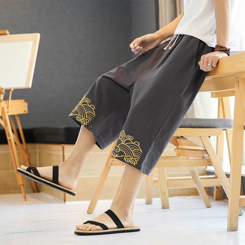 Pantalon sarouel décontracté en coton et lin avec cordon de serrage et broderie Buddha Stones pour homme, longueur 7-8, avec poches - image 18