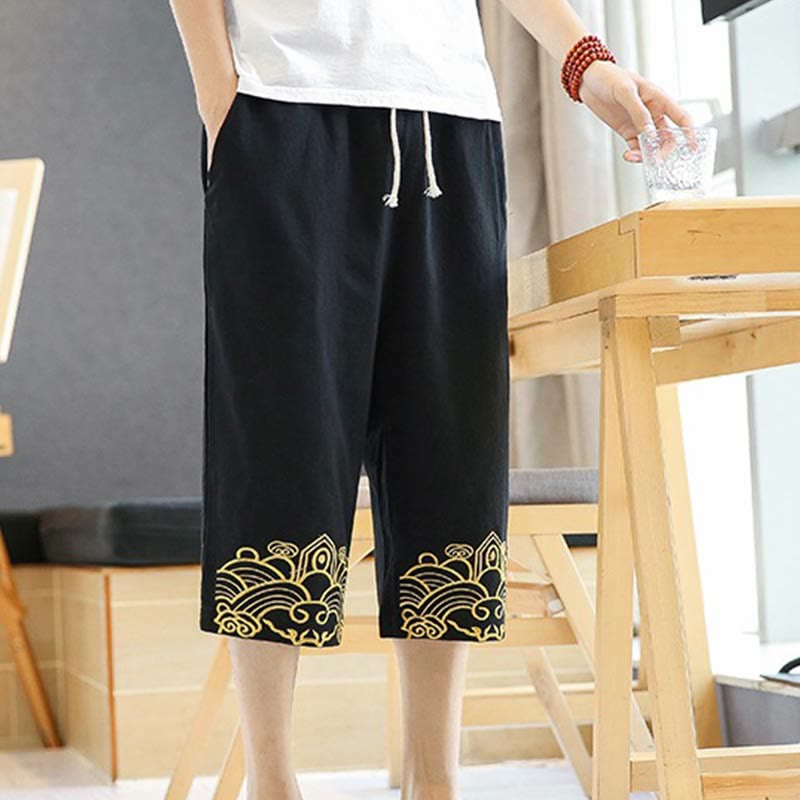 Pantalon sarouel décontracté en coton et lin avec cordon de serrage et broderie Buddha Stones pour homme, longueur 7-8, avec poches - image 1