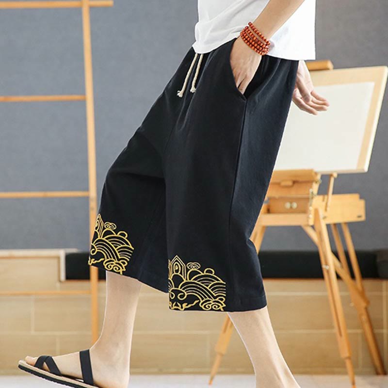 Pantalon sarouel décontracté en coton et lin avec cordon de serrage et broderie Buddha Stones pour homme, longueur 7-8, avec poches - image 5