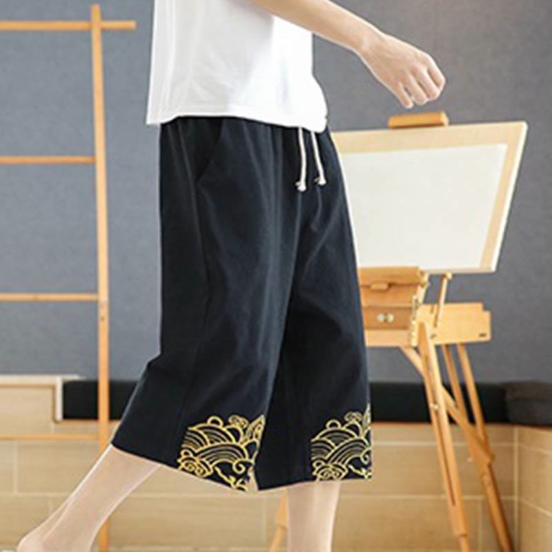 Pantalon sarouel décontracté en coton et lin avec cordon de serrage et broderie Buddha Stones pour homme, longueur 7-8, avec poches - image 4