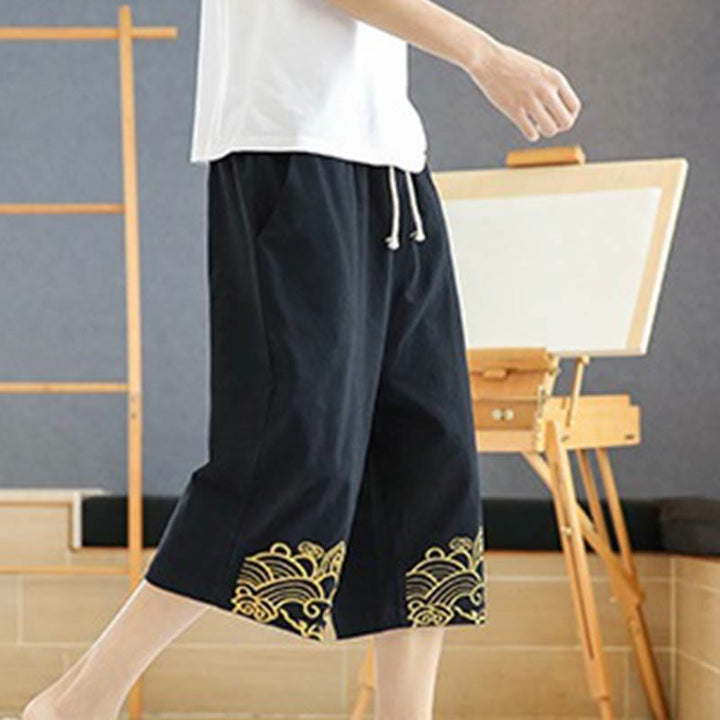 Pantalon sarouel décontracté en coton et lin avec cordon de serrage et broderie Buddha Stones pour homme, longueur 7-8, avec poches - image 4