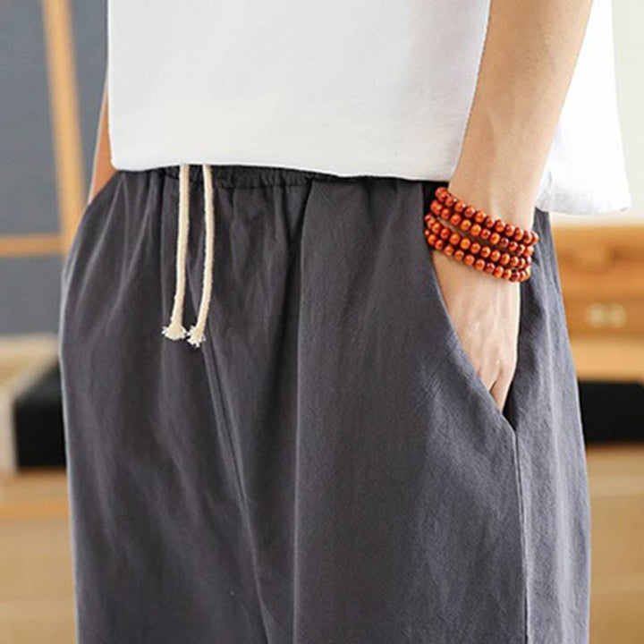 Pantalon sarouel décontracté en coton et lin avec cordon de serrage et broderie Buddha Stones pour homme, longueur 7-8, avec poches - image 12