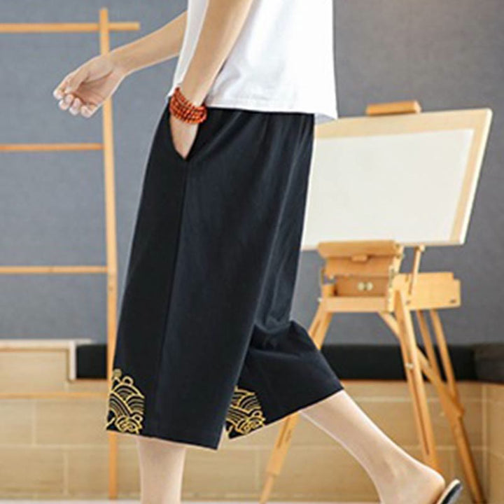 Pantalon sarouel décontracté en coton et lin avec cordon de serrage et broderie Buddha Stones pour homme, longueur 7-8, avec poches - image 2