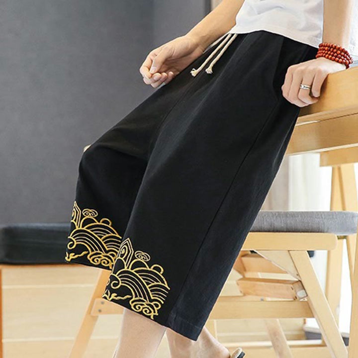 Pantalon sarouel décontracté en coton et lin avec cordon de serrage et broderie Buddha Stones pour homme, longueur 7-8, avec poches - image 6