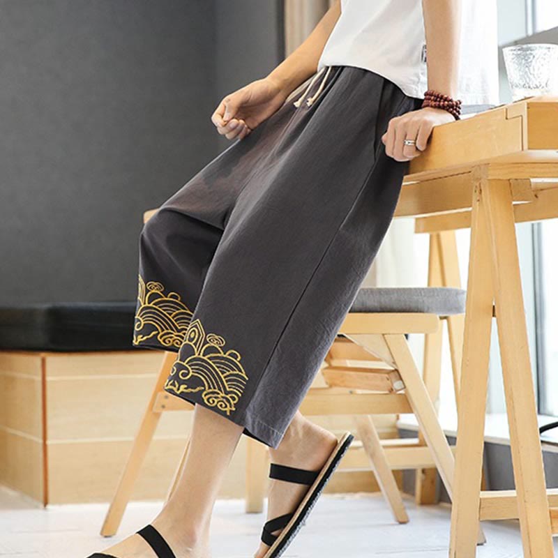 Pantalon sarouel décontracté en coton et lin avec cordon de serrage et broderie Buddha Stones pour homme, longueur 7-8, avec poches - image 20