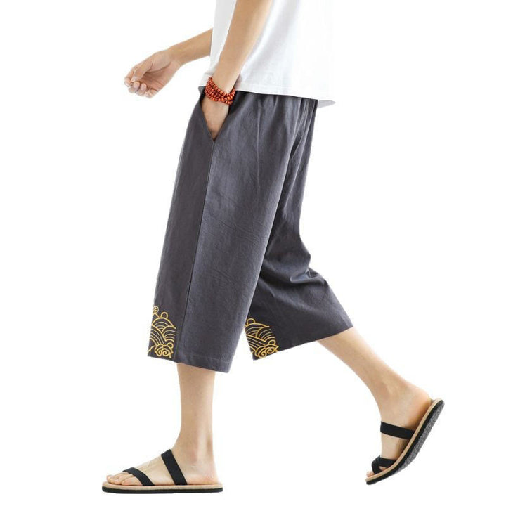 Pantalon sarouel décontracté en coton et lin avec cordon de serrage et broderie Buddha Stones pour homme, longueur 7-8, avec poches - image 22
