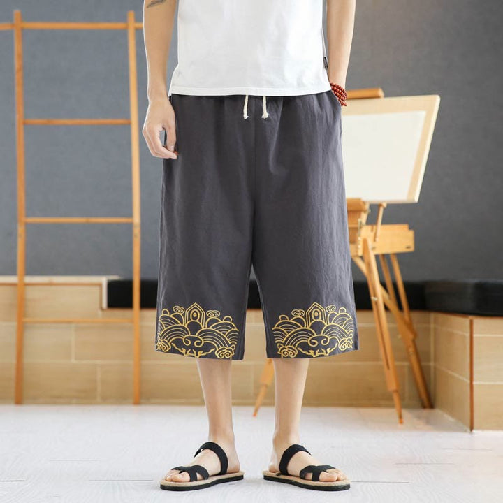 Pantalon sarouel décontracté en coton et lin avec cordon de serrage et broderie Buddha Stones pour homme, longueur 7-8, avec poches - image 13