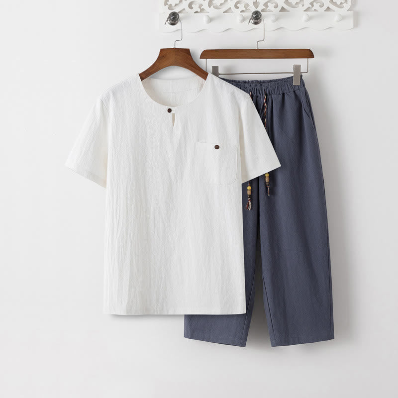 Ensemble 2 Buddha Stones d'été pour homme, t-shirt uni à manches courtes, pantalon 7-8, en coton et lin, avec poches - T-shirt blanc et pantalon gris ardoise - US/UK/AU46，EU56 (5XL) - image 0