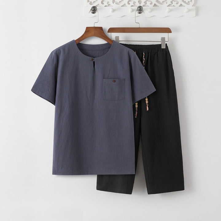 Ensemble 2 Buddha Stones d'été pour homme, t-shirt uni à manches courtes, pantalon 7-8, en coton et lin, avec poches - T-shirt gris ardoise et pantalon noir - US/UK/AU46，EU56 (5XL) - image 12