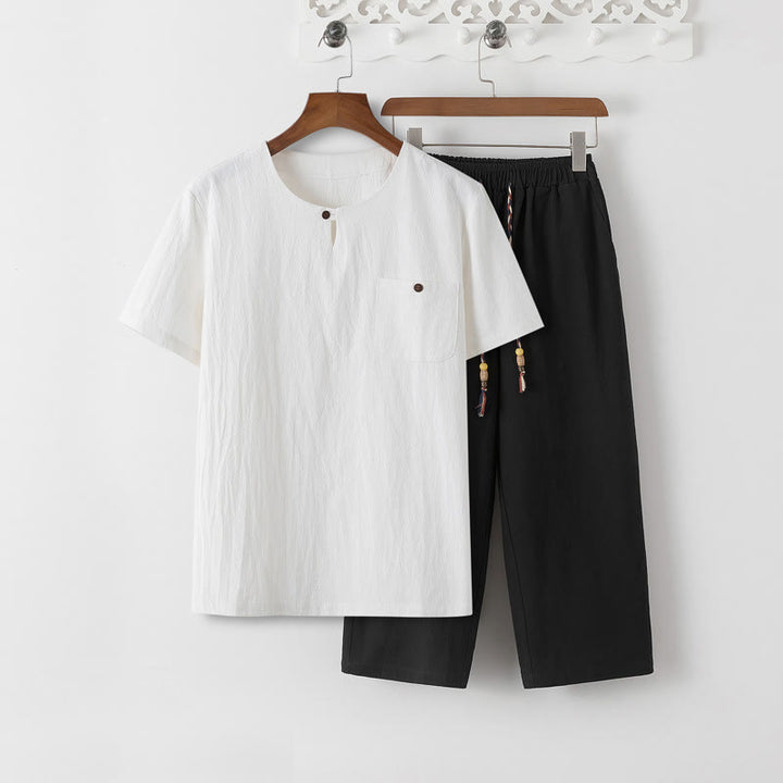 Ensemble 2 Buddha Stones d'été pour homme, t-shirt uni à manches courtes, pantalon 7-8, en coton et lin, avec poches - T-shirt blanc et pantalon noir - US/UK/AU46，EU56 (5XL) - image 15