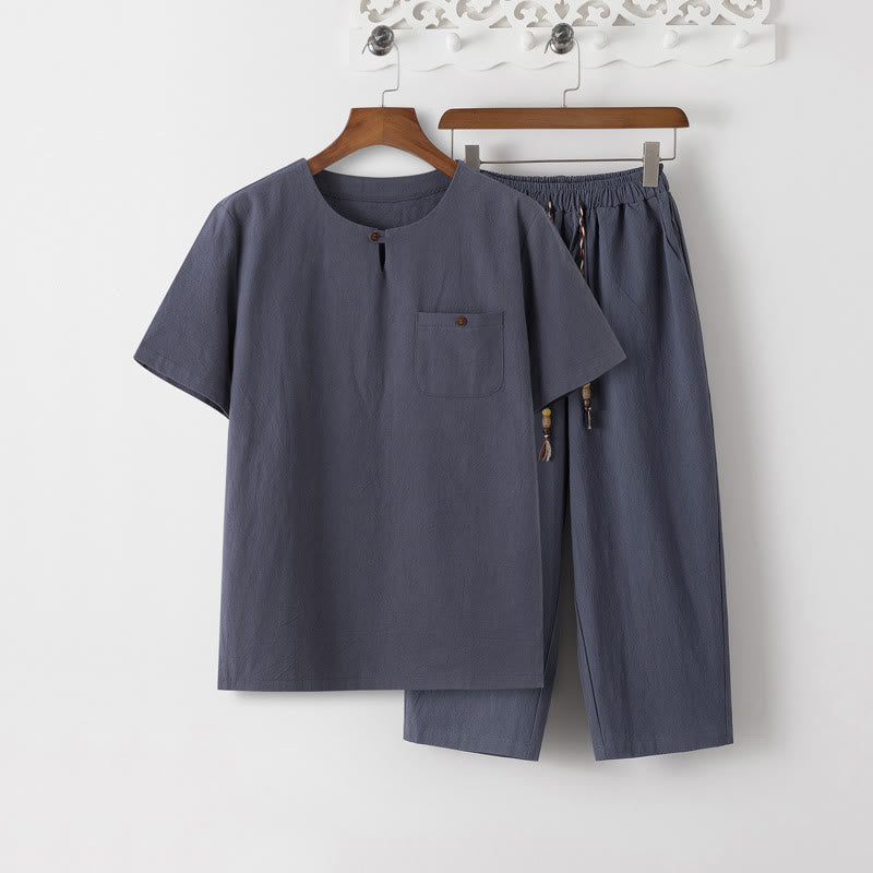 Ensemble 2 Buddha Stones d'été pour homme, t-shirt uni à manches courtes, pantalon 7-8, en coton et lin, avec poches - T-shirt et pantalon gris ardoise - US/UK/AU46，EU56 (5XL) - image 1
