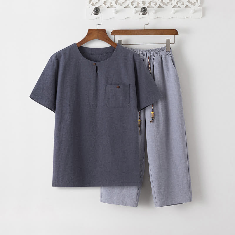 Ensemble 2 Buddha Stones d'été pour homme, t-shirt uni à manches courtes, pantalon 7-8, en coton et lin, avec poches - T-shirt gris ardoise et pantalon bleu acier clair - US/UK/AU46，EU56 (5XL) - image 11