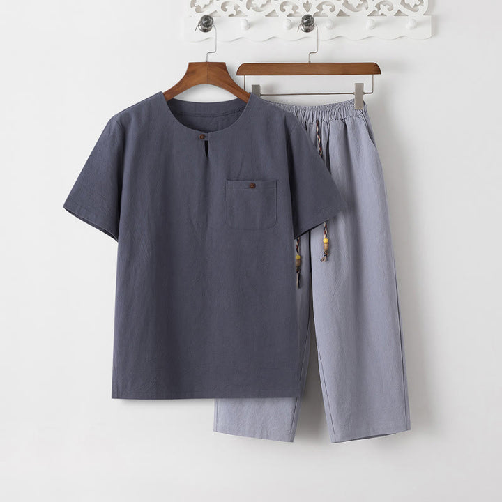 Ensemble 2 Buddha Stones d'été pour homme, t-shirt uni à manches courtes, pantalon 7-8, en coton et lin, avec poches - T-shirt gris ardoise et pantalon bleu acier clair - US/UK/AU46，EU56 (5XL) - image 11