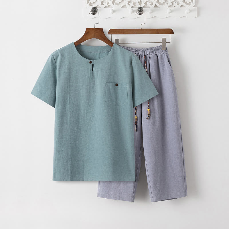 Ensemble 2 Buddha Stones d'été pour homme, t-shirt uni à manches courtes, pantalon 7-8, en coton et lin, avec poches - T-shirt turquoise pâle et pantalon bleu acier clair - US/UK/AU46，EU56 (5XL) - image 18