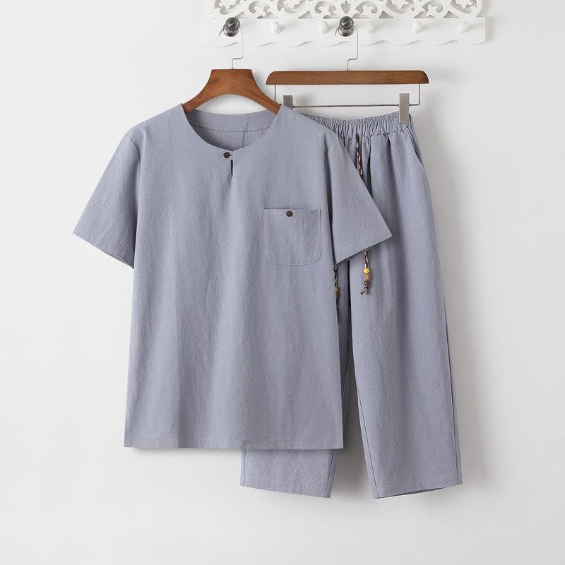 Ensemble 2 Buddha Stones d'été pour homme, t-shirt uni à manches courtes, pantalon 7-8, en coton et lin, avec poches - T-shirt et pantalon LightSteelBlue - US/UK/AU46，EU56 (5XL) - image 10