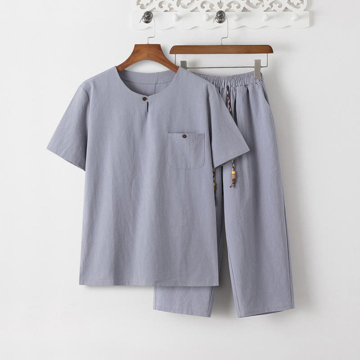 Ensemble 2 Buddha Stones d'été pour homme, t-shirt uni à manches courtes, pantalon 7-8, en coton et lin, avec poches - T-shirt et pantalon LightSteelBlue - US/UK/AU46，EU56 (5XL) - image 10