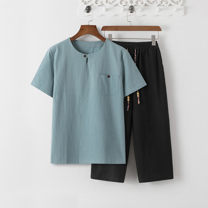 Ensemble 2 Buddha Stones d'été pour homme, t-shirt uni à manches courtes, pantalon 7-8, en coton et lin, avec poches - T-shirt turquoise pâle et pantalon noir - US/UK/AU46，EU56 (5XL) - image 17