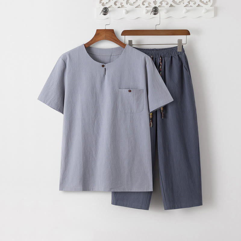 Ensemble 2 Buddha Stones d'été pour homme, t-shirt uni à manches courtes, pantalon 7-8, en coton et lin, avec poches - T-shirt bleu acier clair et pantalon gris ardoise - US/UK/AU46，EU56 (5XL) - image 13