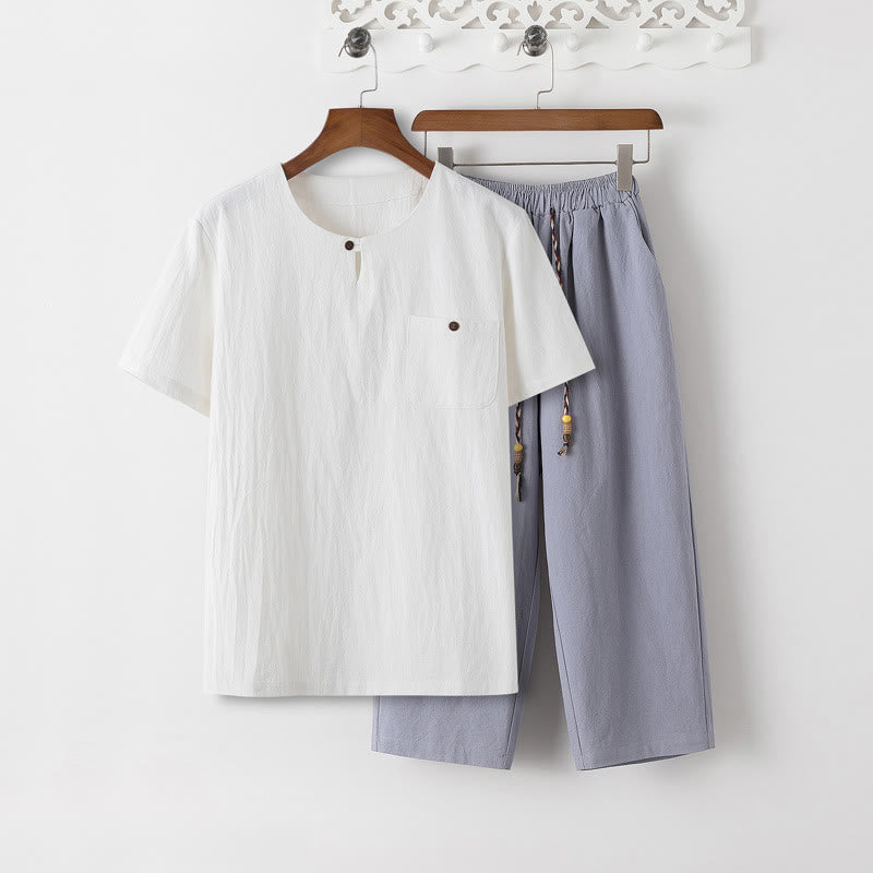 Ensemble 2 Buddha Stones d'été pour homme, t-shirt uni à manches courtes, pantalon 7-8, en coton et lin, avec poches - T-shirt blanc et pantalon bleu acier clair - US/UK/AU46，EU56 (5XL) - image 16
