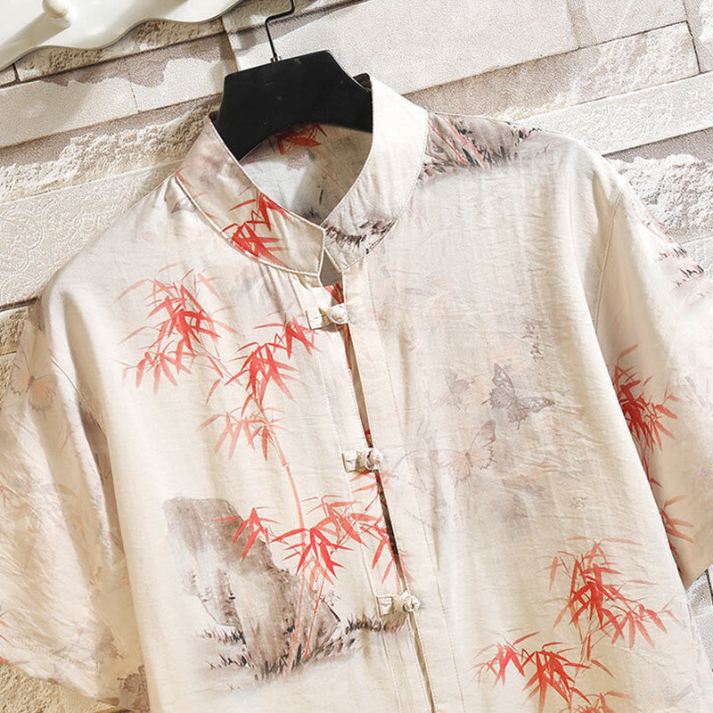 Chemise à manches courtes et boutons de grenouille pour homme, motif papillon et bambou, motif Buddha Stones , été - image 2