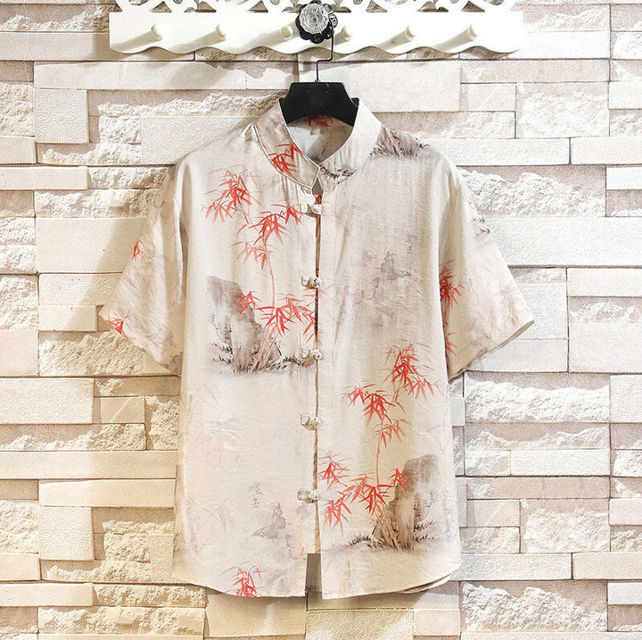 Chemise à manches courtes et boutons de grenouille pour homme, motif papillon et bambou, motif Buddha Stones , été - Beige - US/UK/AU46，EU56 (5XL) - image 0