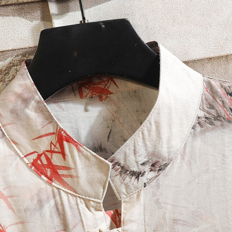 Chemise à manches courtes et boutons de grenouille pour homme, motif papillon et bambou, motif Buddha Stones , été - image 3