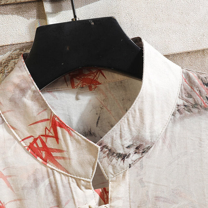 Chemise à manches courtes et boutons de grenouille pour homme, motif papillon et bambou, motif Buddha Stones , été - image 3