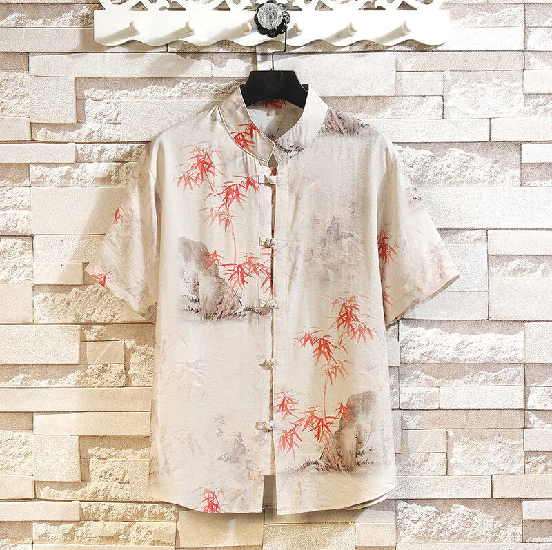 Chemise à manches courtes et boutons de grenouille pour homme, motif papillon et bambou, motif Buddha Stones , été - Beige - US/UK/AU46，EU56 (5XL) - image 0